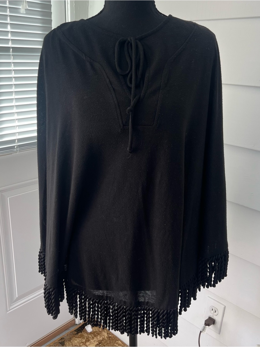 Vintage Black Poncho Cape Shawl with Tassel Hem and Keyhole